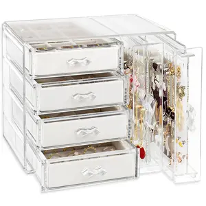 Acrylic Jewelry Organizer with 4 Drawers Clear Acrylic Jewelry Box Gift for Women Men Kids and Girl Stackable Velvet Earring Display Holder For Earrings Ring Bracelet Necklace Holder - Mother's Day Gift