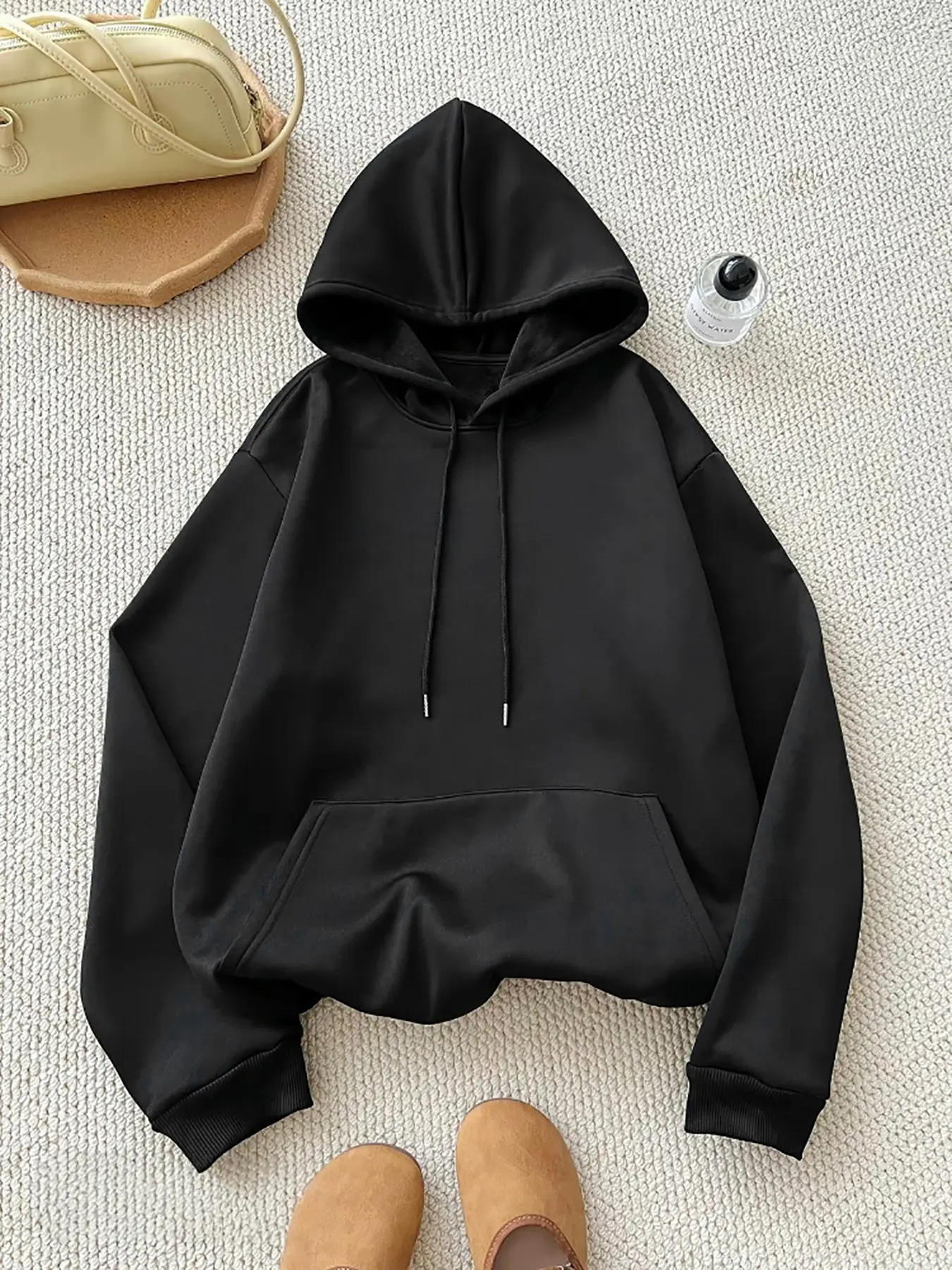 Women's Fall Winter Basic Casual Minimalist Loose-Fit Adjustable Hooded Drawstring Hoodie Top, Long Sleeve Solid Color Drawstring Pullover Sweatshirt, Comfortable Thicken Knit Fabric for Daily Wear