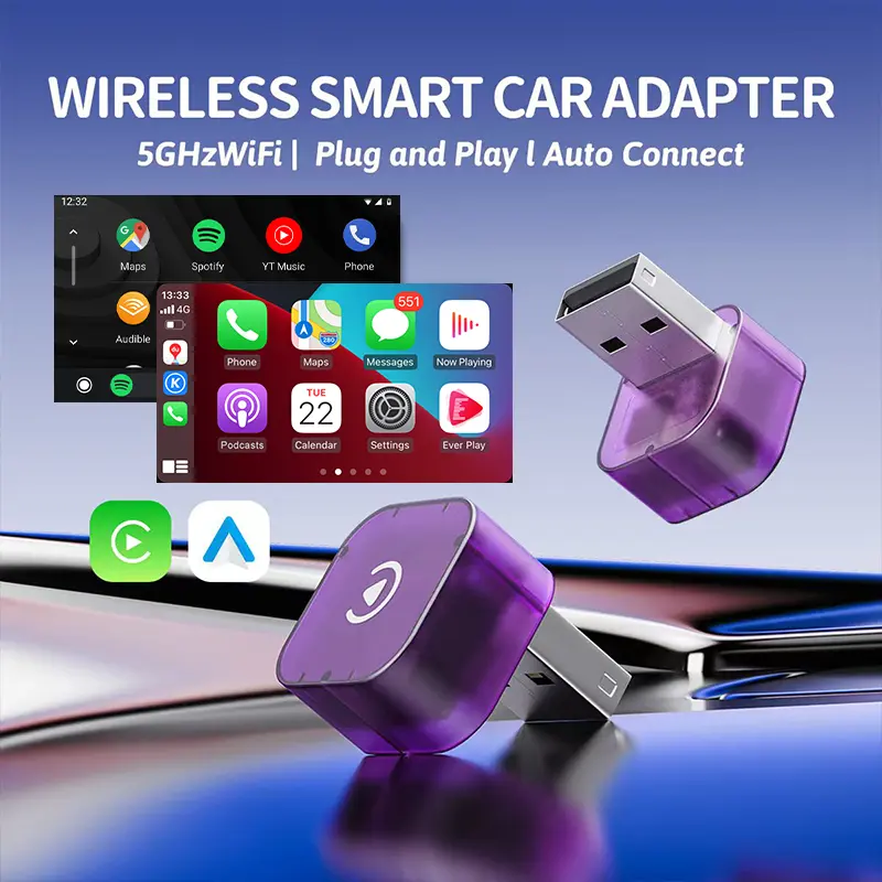 Phoebus Link Magic Mini Wireless CarPlay & Android Auto Adapter - Car Adapters, Auto Accessories, USB-A Plastic Plug-and-Play Dongle, 21mm Transparent Purple, iOS+Android Use, Fast Connection Keeps Maps Responsive, 1-Year Warranty
