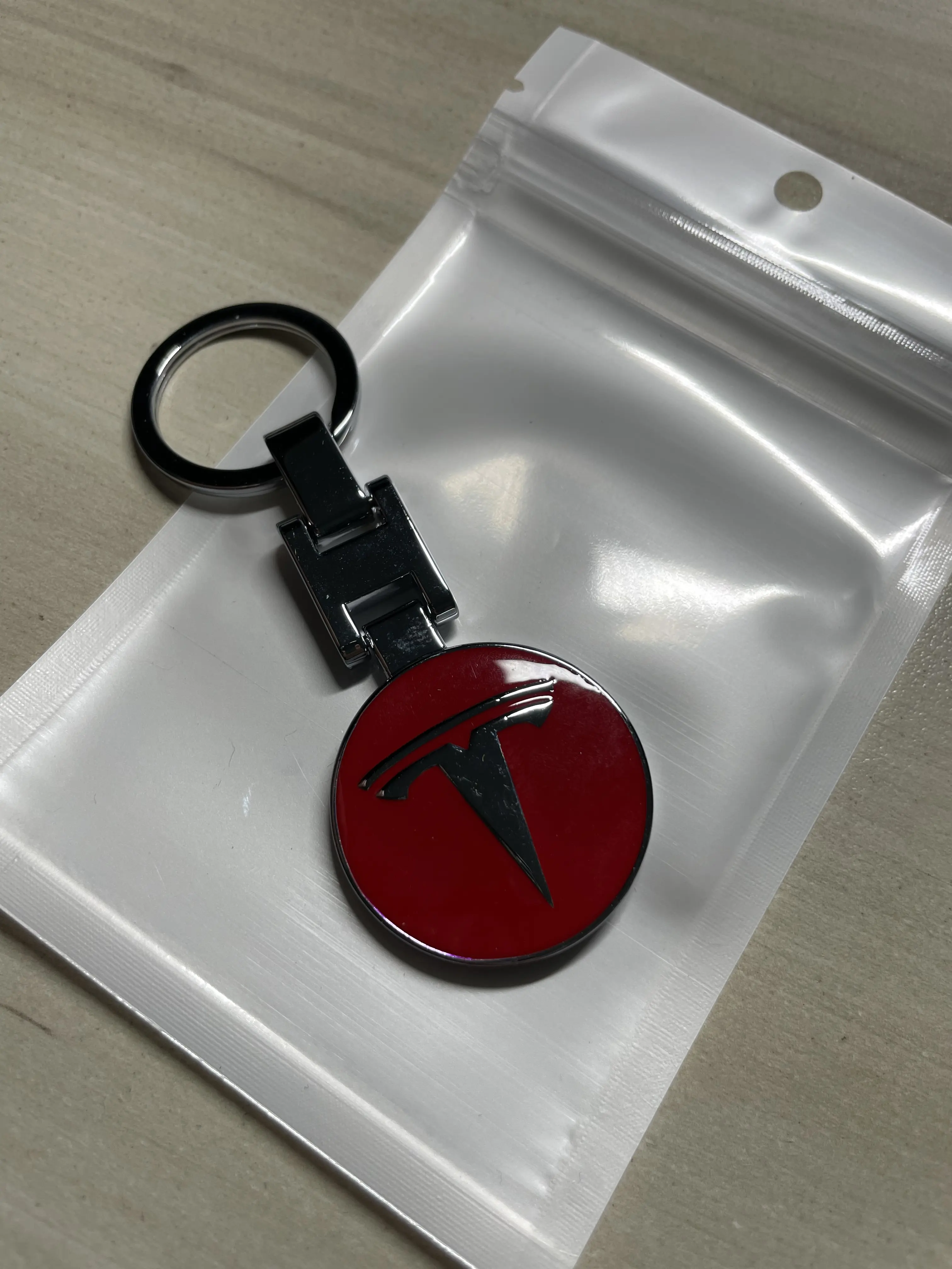Tesla Logo Emblem Red Metal Double Sided KeyChain Keyring