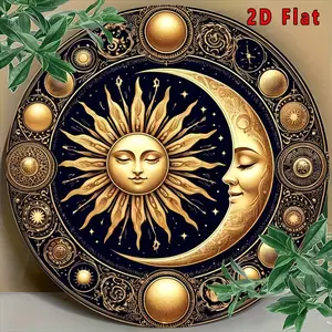 2D Flat - 1pc Celestial Sun and Moon Wall Art, 7.8" Round Aluminum Decor, Weatherproof Outdoor Sign with Intricate Golden Design, Pre-Drilled Holes for Easy Installation, Rustproof Home, Garden, or Party Decoration, Celestial Theme Decor |   Vintage Style