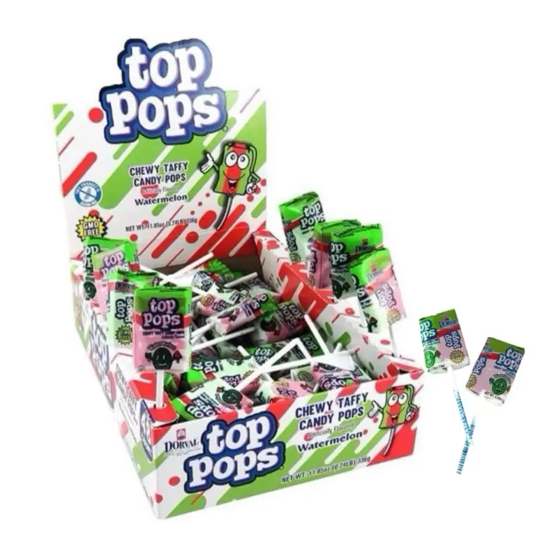 Dorval Top Pops Chewy Taffy Pops Watermelon 48 Counts Fruity Sweet Snack Candy Bonbon Refreshing Watermelon Flavor Individually Wrapped