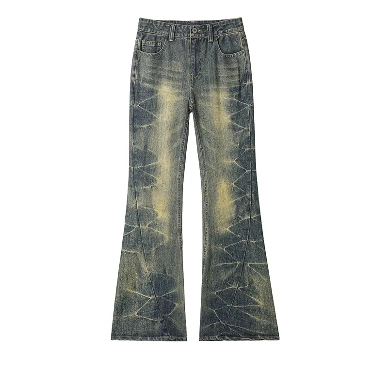 Vintage Distressed Cracked Print Flare Jeans Unisex  Retro Yellow Washed Slim Bootcut Denim Pants Y2K Hip Hop Skater Streetwear Trousers