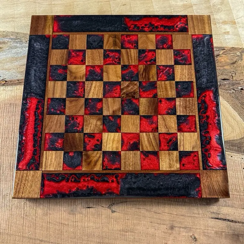 Black Onyx Red Lava Walnut Chess Board (PIECES INCLUDED)