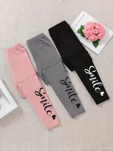 Girl's Letter Print Leggings, Casual Comfy Skinny Pants for Daily Wear, Kids Bottoms for Spring & Fall, Fun Leggings