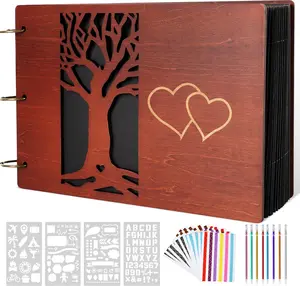 Photo Scrapbooking- Wooden Family Photo Memory Scrapbook Album 100 Pages, Self Adhesive DIY Scrapbook Album with Accessory, Scrapbooking Albums  for Wedding, Anniversary, Mother's Day