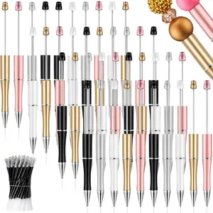 100 Pieces Plastic Beadable Pen Bulk Kit 50 Bead Ballpoint Shaft Black Ink Beaded Pens with 50 Refills for DIY Making Christmas Holiday Gift for Student Office(Black Gold) Glitter Ballpoint Pen