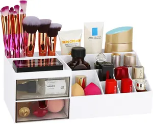 LETURE Desk Organizer 4.7"D x 9.8"W x 3.6"H Cosmetic Makeup Vanity Organizer Box, Bathroom Counter Makeup Storage for Eyeshadows, Skin Care, Concealers, Powders, Nail Polish (White)