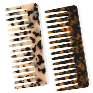 TaShow Hair Detangling Comb 2 Pack Large Cellulose Acetate Wide Tooth for Wet & Dry Women's Thick Curly Wavy Hair Tortoise Shell Ivory