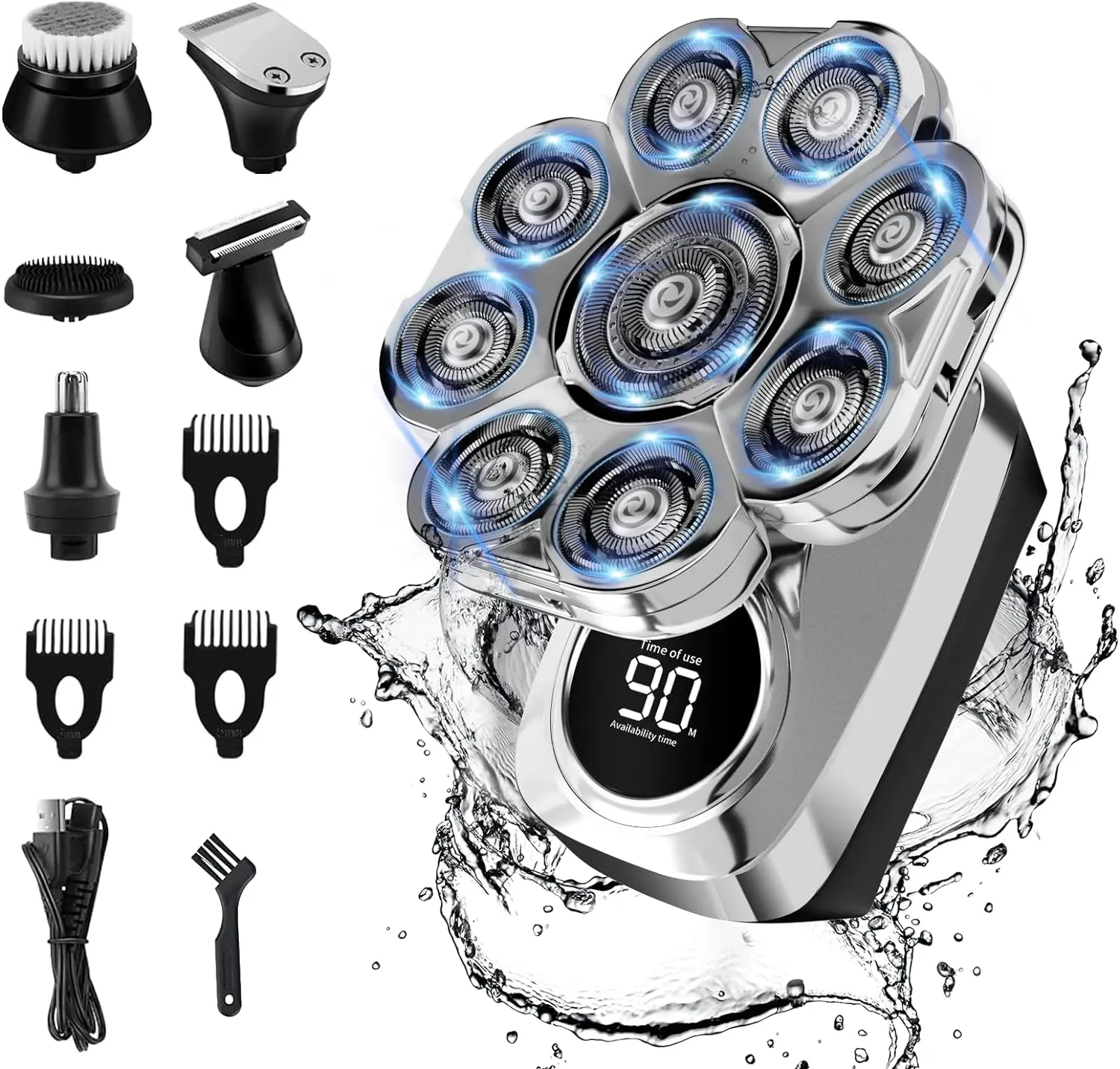 Men's 9D Detachable Bald Head Electric Shaver, Upgraded 6-in-1 Waterproof Wet & Dry Razor with 360° Close Shave, LED Display, Type-C Charging, Smooth Legs Grooming Function, Stainless Steel, Rechargeable Battery, Smooth Shave, Ipx7 Rated