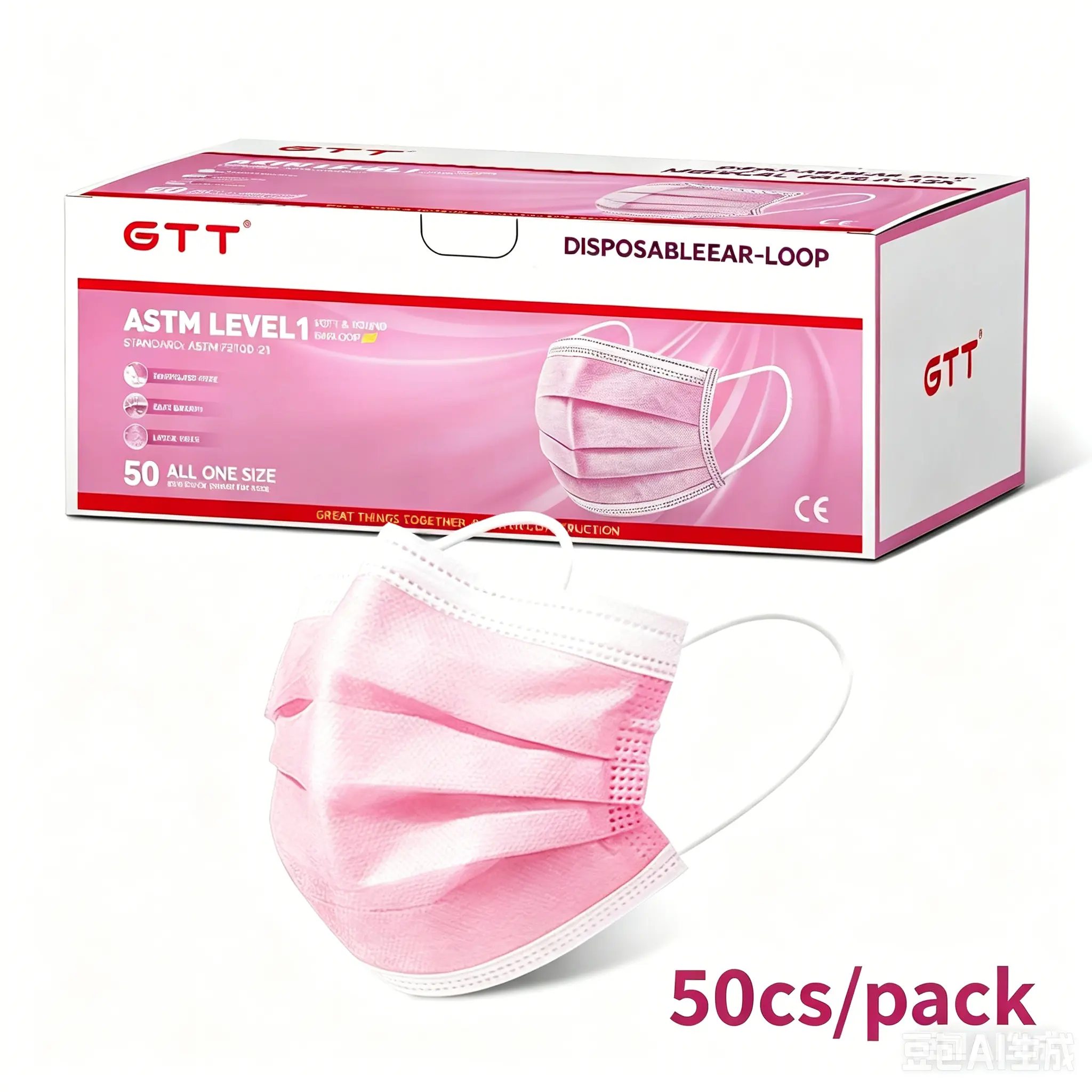 GTT Pink ASTM Level 1 Disposable Medical Face Masks 50 Pack, 3 Ply Soft White Earloop Breathable Adult Protective Masks