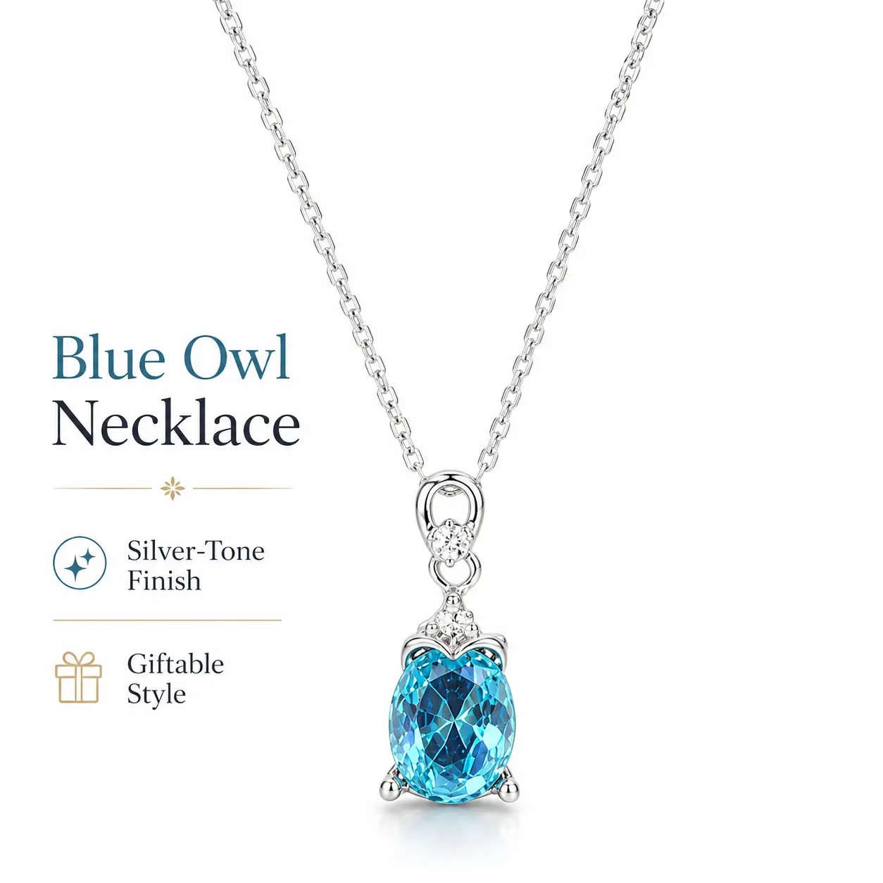 Blue Owl Pendant Necklace for Women, Silver-Tone Aqua Blue Faceted Stone Charm, Sparkly Animal Jewelry, Cute Elegant Everyday Necklace, Birthday, Anniversary, Graduation Gift for Mom, Wife, Daughter or Friend