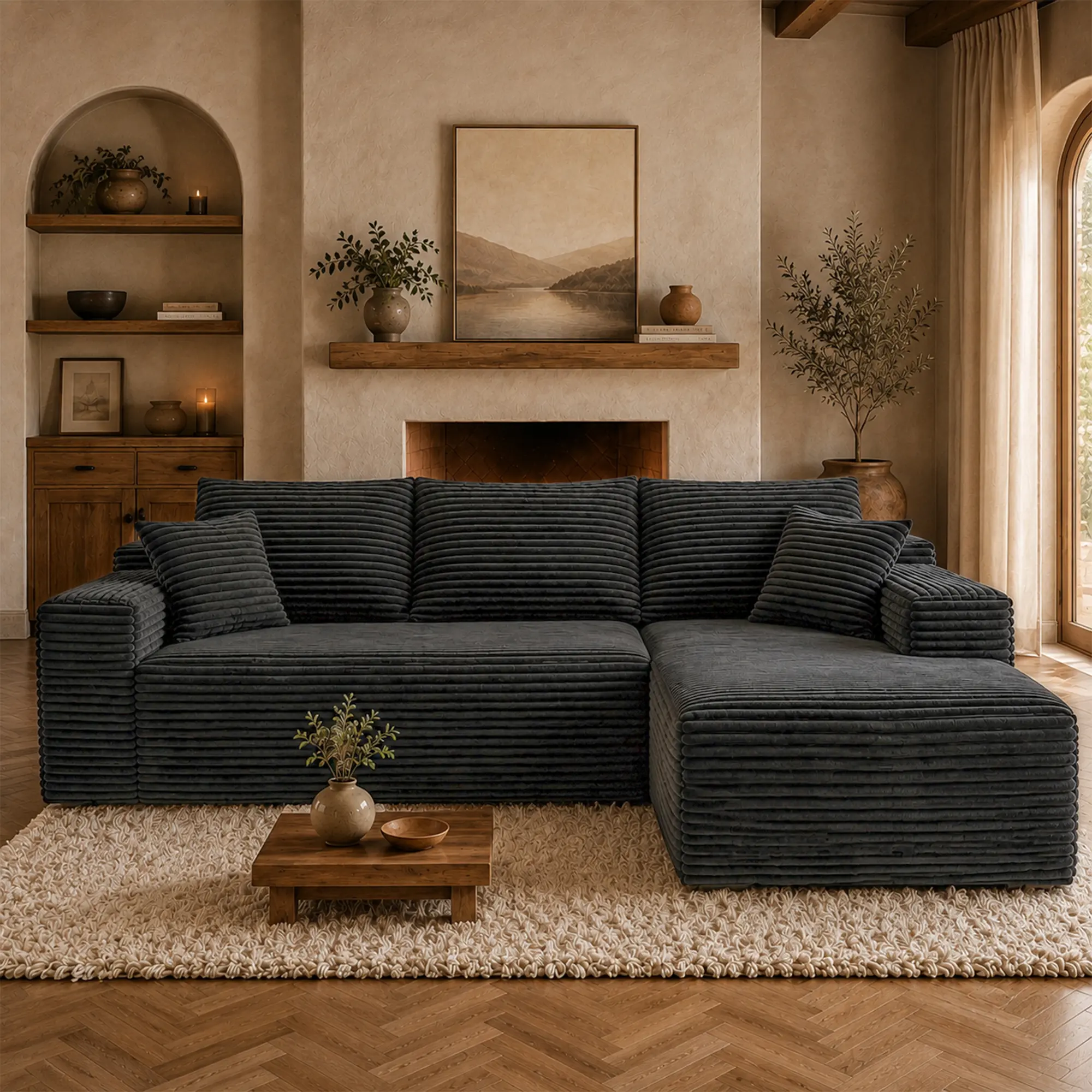 L-Shaped Boneless Modular Sectional Cloud Couch with Chaise, Corduroy Upholstered Memory Foam Sofa, No Assembly Required Comfy Modern Corner Couch for Living Room