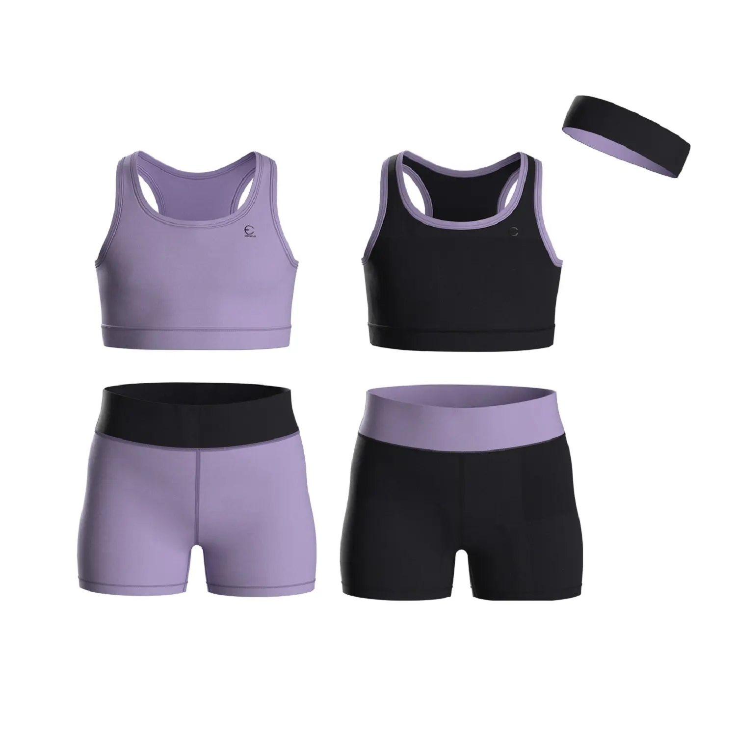 Essenclo Girls 5-Piece Crop Tank Top & Biker Shorts Set with Headband for Gymnastics, Dance, Cheer & Volleyball