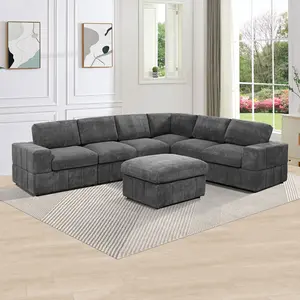Dark Grey Corduroy 7-Piece Modular Sectional Sofa, Modern Comfortable Upholstered Couch for Living Room Apartment Home Furniture