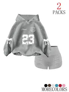 Women's Fall Winter Hooded Drawstring Sweatshirt Set, Fashionable Simple Design with Tree Branch Print, Casual Wear for Daily Use