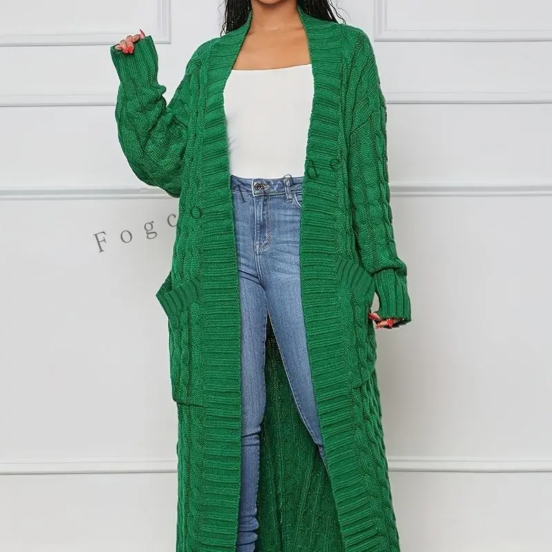 NewFashion Women's Clothing Long Length Cable Knit Cardigan - Elegant Solid Long Sleeve Sweater With Pockets - Women's Clothing - Fall/Winter - Suitable Casual & Formal Occasions - Women    Fabric Fit Knitwear Womenswear