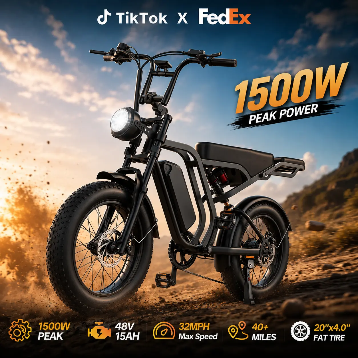 Adult 2-Seater Electric Bike, 1500W Peak Motor, 32MPH Top Speed, 40+ Mi Range, 48V 15Ah Battery, 20"x4.0" All-Terrain Fat Tires, Full Suspension, 330LBS Max Load