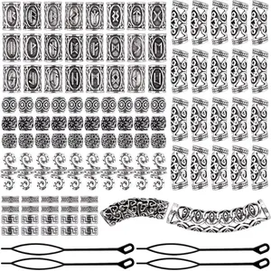 110pcs Viking Style Beard Beads, Metal Braided Beads for Weaving Dreadlocks, Antique Nordic Norse Norwegian Hair Beads with Pull Pins, Runes, DIY Jewelry Decoration, Hair Accessories, Hair Decorations