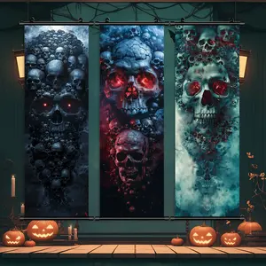 3 Counts Halloween Hanging Banner, Fiery Skulls Posters, Halloween Mural And Decorative Posters, Fun Party Decorations, Horror Themes, Living Room, Bedroom, Home Posters, High Definition, Waterproof, Ideal Gifts