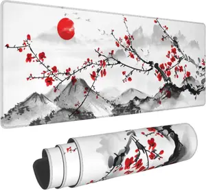 Watercolor Cherry Blossom Mouse Pad 31.5x11.8 Inch Pink Full Desk Japanese Sakura Mousepad Extended Large Non-Slip Rubber Base Waterproof Big Keyboard Mat with Stitched Edges for Gaming and Office