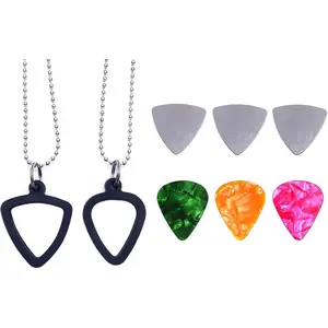 2 Set Guitar Pick Holder Necklace with 3pcs Stainless Steel Picks 3 Colorful Celluloid Pick for Electric Guitar Bass Ukulele Guitarists Picks Storage Necklace