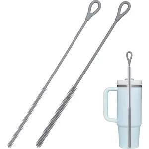 Silicone Straw Cleaner Brush, 2Pcs Straw Cleaner Brush Extra Long, Straw Brush Bristles Cleaner Brush for Cleaning , Metal Glass Straws, Drink Lid (Grey)
