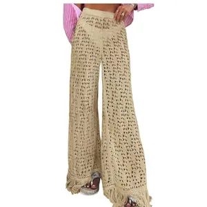 Fisoew Womens Crochet Cover Up Pants Casual Wide Leg High Waisted Hollow Out Tassel Summer Beach Mesh Bathing Suit Pants