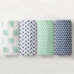 Bacati 4 Pack Muslin Swaddling Blankets Noah Buck/Feathers/Triangles - Mint/Navy
