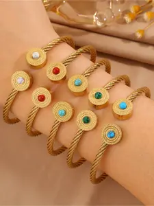 1 fashionable 304 stainless steel turquoise circular dotted steel wire bracelet, High Quality Bracelet suitable for both men and women, suitable for daily wear and gatherings, Valentine's Day gifts, seasonal accessories