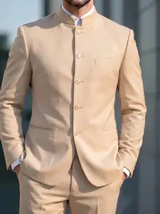 Men's 2-Piece Chinese Suit Chinese Stand Collar Slim Fit Suits Front Button Blazer Pant Set Formal Long Sleeve