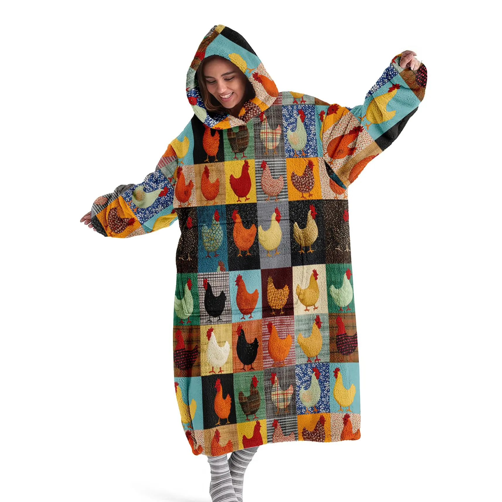 Hooded Blanket, Wearable Blanket, Cozy Hooded Blanket, Rustic Patchwork Chick Hooded Blanket, Digital Print Flannel Blanket, Soft and Warm Loungewear, Perfect for Winter Homewear, Christmas Gifts, Cow pattern blanket