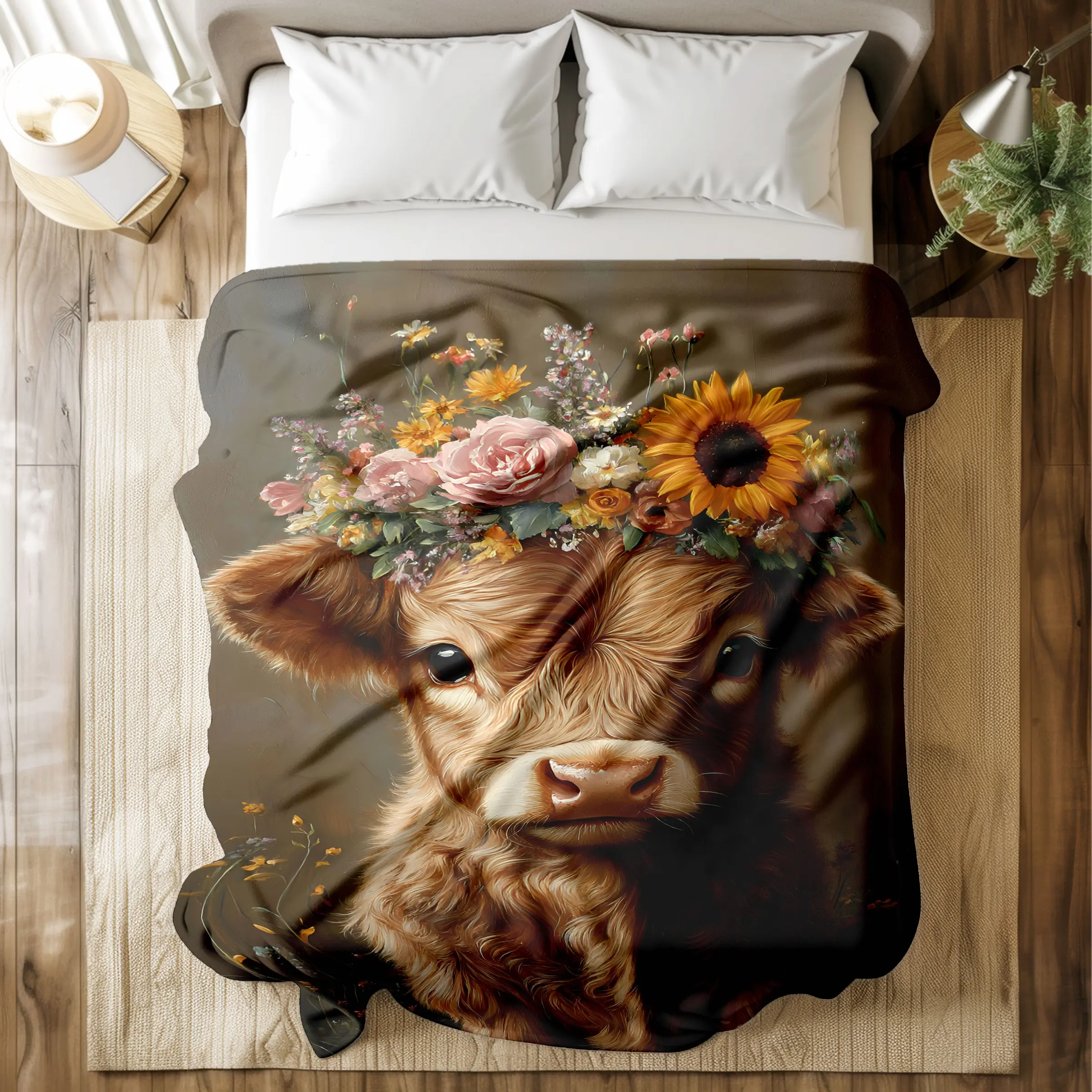 Floral Crown Calf Printed Blanket - Super Soft & Skin - friendly, Long - Lasting & Quick - Drying, Machine Washable, Multi - Size for Bed, Sofa, Travel, Camping & Office Naps, Ideal Gift for Animal & Farmhouse Style Lovers