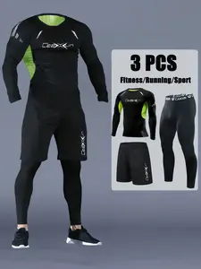 Men's Sports Set, Tight-Fitting Body Shaping, Round Neck Design, Fashion Print, Breathable Mesh Compression Top + Drawstring Shorts + Pants, Fitness Sportswear Set, athletic tracksuit set, Athleisure Wear Set, Fitness Compression Clothing