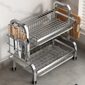 Stainless Steel Kitchen Storage Rack, Double-Layer Dish Drying Rack with Drain Board, Multifunctional Kitchen Organizer for Bowls & Dishes, Drainboard Dish Drainer
