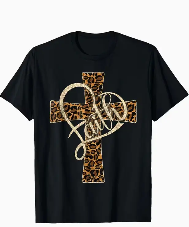 Men's Cotton Turtle Neck Short-Sleeve Vintage Christian Faith T-Shirt, Leopard-Cheetah Print, Cross Design, Golden Lettering, Loose Fit Menswear Tops for Church, Study