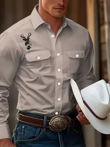 Men’s Fashion Printed Shirt with Unique Deer Head Pattern Design, Creating a Stylish Casual Look for Men, Casual Wear, Polyester Fabric, High-Quality Texture, Suitable for Gifting and Travelling