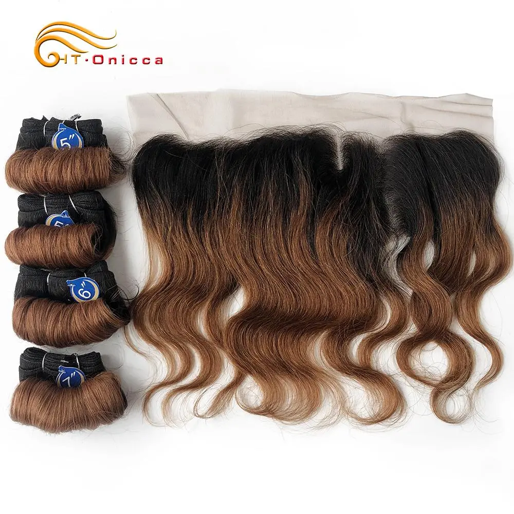 Short Body Wave Bundles With Closure 1B/27/30/99J Brazilian Ombre Human Hair Bundles With Closure 4x4 Transparant Lace Closure