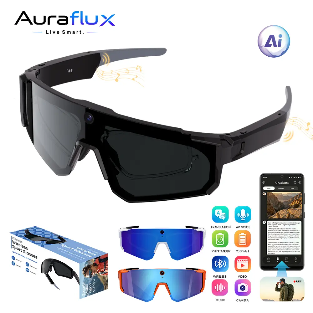 AuraFlux Outdoor Polarized Al Smart Sports Glasses with camera,Al Translation&Voice Assistant,8MP Camera 2K Photo &1080P Video Recording Wireless Bluetooth Audio Eyewear,HD Calling&10H Music,IP54 Waterproof UV-ProtectionSunglasses with Built-in Headphones