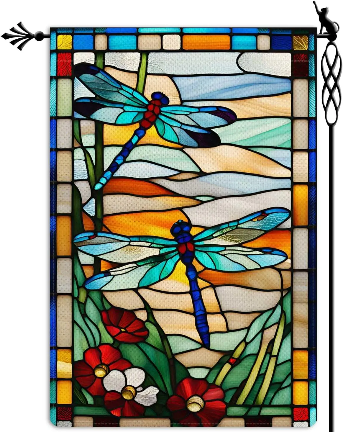 Tiffany Stained Glass Print Dragonfly Garden Flag 12×18 Inch, Vintage Floral Art Nouveau Yard Flag, Cloth Fabric Outdoor Porch Decor Outdoor Flags Outdoor Garden Accessory banners