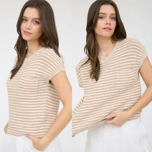 Faith Stripe Pocket Detail Short Sleeve Pullover Sweater Top | Women's Khaki Neutral Beige Pocket Short Sleeve Shirt | Summer + Spring Fashion Trends