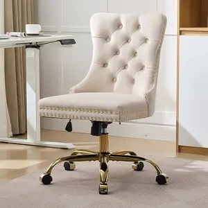 Velvet Upholstery Office Desk Chair with Wheels, Gold Base, Tufted Back, Adjustable Swivel Armless Design – Comfy Furniture for Women’s Home Office, Bedroom Makeup Vanity