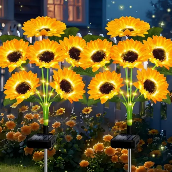 Artificial Flowers 2 Pcs/set solar sunflower lights, outdoor garden stake lights, 12 outdoor party sunflower lights, gardening gifts, cemetery courtyard path parties, warm gifts
