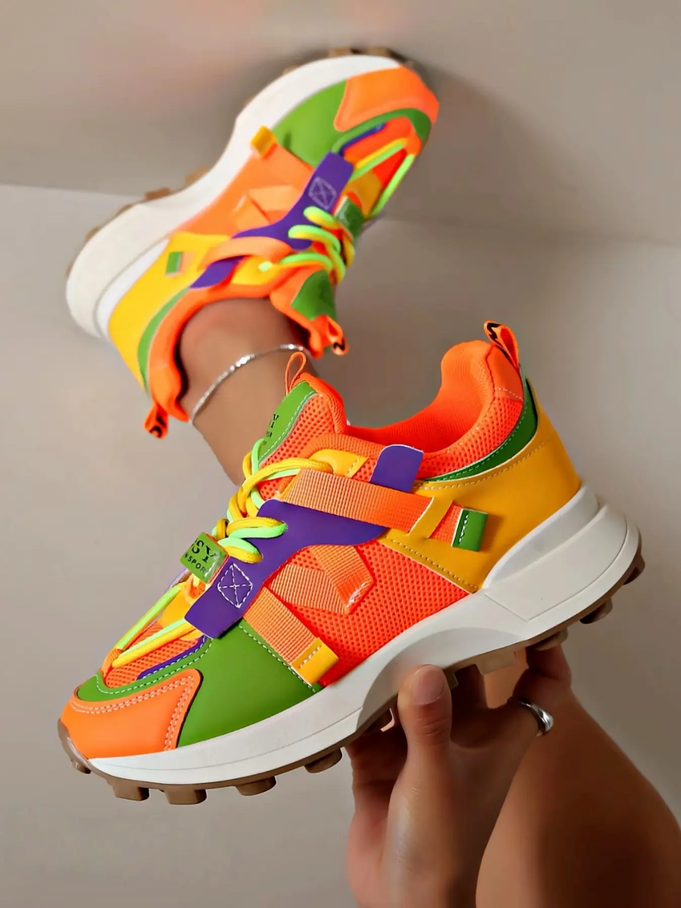 Dopamine Boost! Colorblock Dad Shoes, Sneaker, High Energy, Perfect for All Seasons, Casual PU Leather Rubber Sole