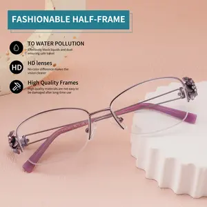 1 Pair New Photochromic Progressive Multifocal Reading Glasses, High-end Metal Semi-rim, Exquisite 3D Carving, Inlaid with Multiorful Stones, Multi-purpose, Trendy Fashion Women's Glasses Half Frame Eyeglass High Quality Eyewear