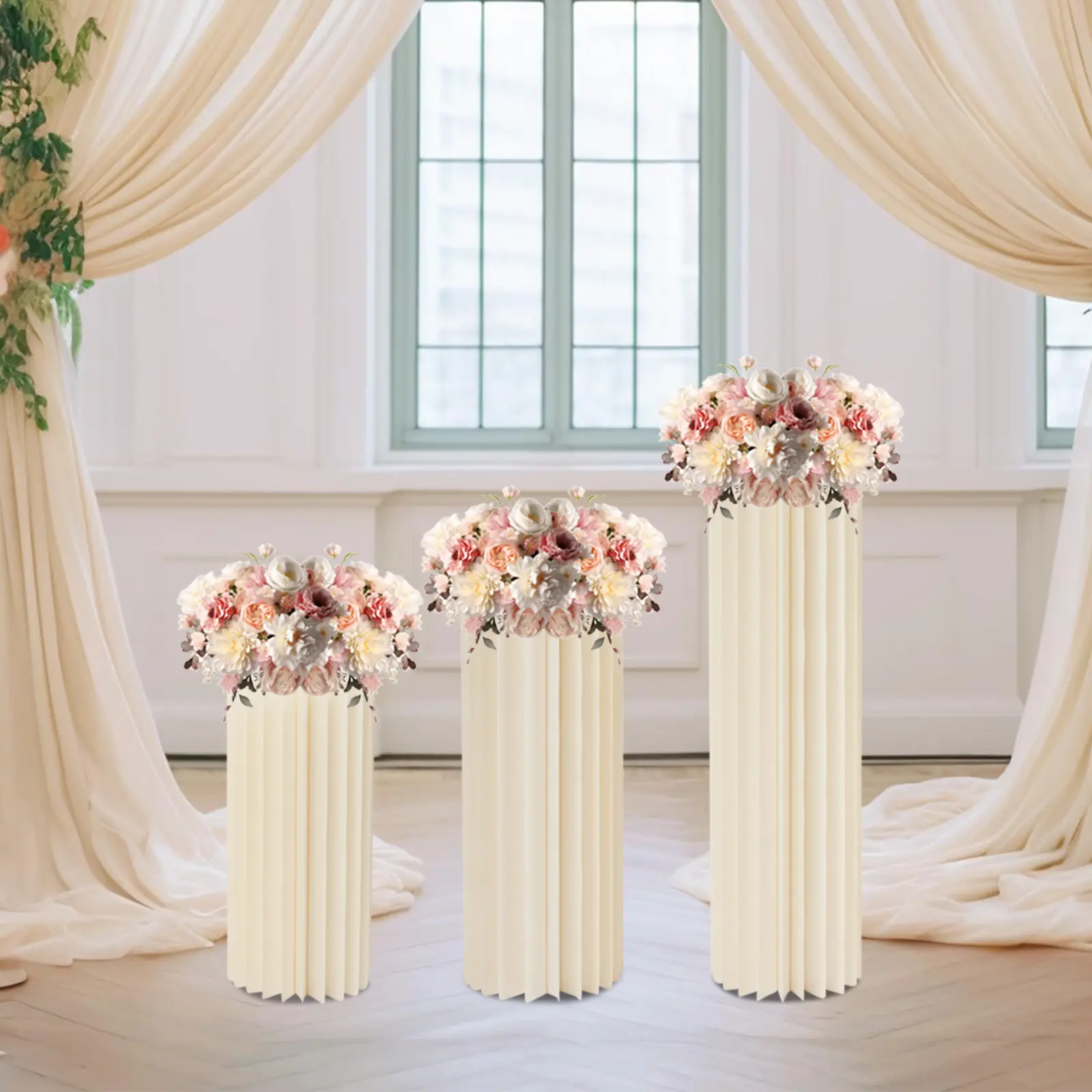 Milky White 3-Pack Round Cardboard Flower Stands with PVC Base - Freestanding, 3 Sizes (30*60cm), Assembly Required, Wedding Table Centerpieces, Floral Decor