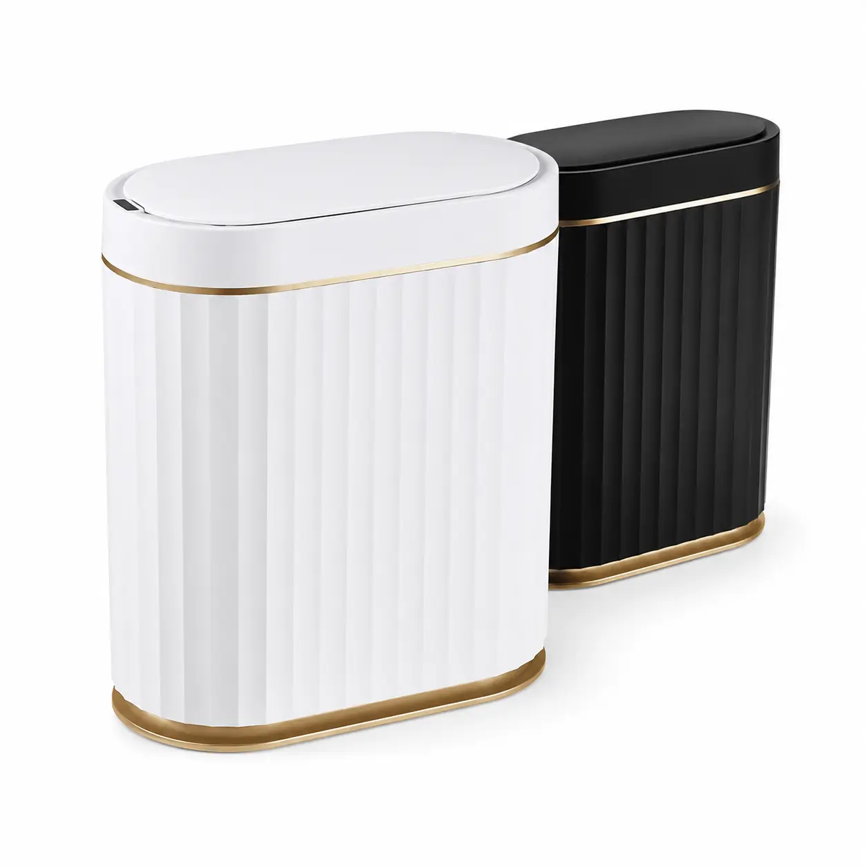Motion-Activated Automatic Trash Can with Lid & White-Gold Trim, Slimline Compact Waste Bin for Kitchen/Bath, Office Trash Ready Multiroom Use Home Bathroom Gadgets Supplies