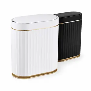 Slimline Look Automatic Motion Sensor Bathroom Trash Can with Lid and White-Gold Trim, Compact Hands-Free Wastebasket for Kitchen/Bath, Convenient for Users, Office Bathroom Accessories