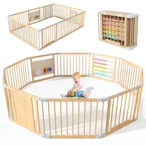 【SummerWins】Lilypelle Natural Wooden Baby Playpen with Built-in Toy Panels, Foldable & Shape-Changeable Kids Activity Center, CPC & CPSIA Certified Safety Toddler Gate