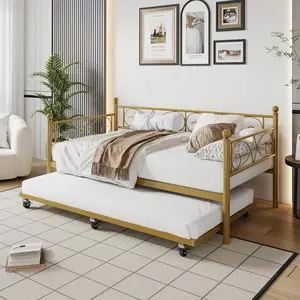 Twin Daybed with Trundle Metal Frame Heavy Duty Metal Slats Space Saving Gold Sofa Bed for Living Room Bedroom Guest Room No Box Spring Needed